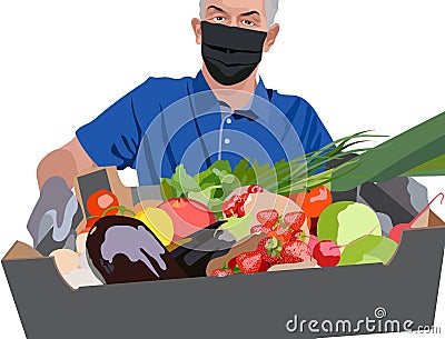 Man wearing blue t-shirt, surgical mask and gloves holding a crate filled with strawberries, tomatoes, cherries, green Vector Illustration