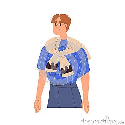 Man wearing casual clothes, tied sweater around shoulders and shirt. Modern smiling guy in apparel, fashion garment Vector Illustration