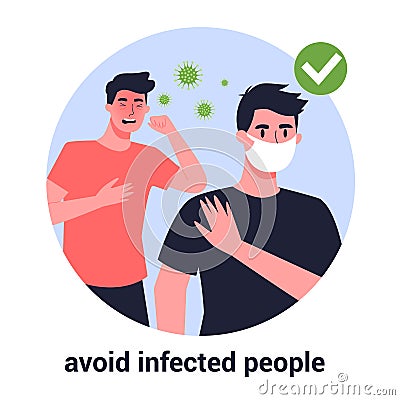 Man wearing a face mask and avoiding infected people. Vector Illustration