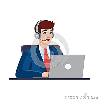 Man wearing formal suit with computer, headset. Illustration for support, call center, bank. Vector illustration Vector Illustration