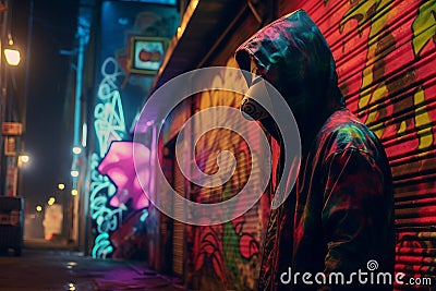 a man wearing a gas mask stands in front of a graffiti covered building at night Stock Photo