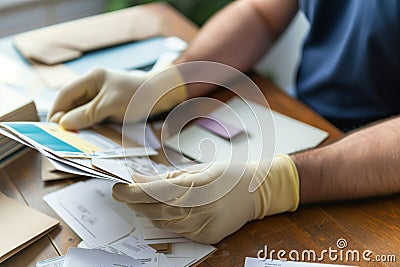 man wearing gloves while sorting through mail Stock Photo