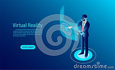 Man wearing goggle vr with touching interface Into virtual reality world. Future technology Vector Illustration