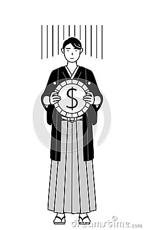 Man wearing Hakama with crest an image of exchange loss or dollar depreciation Stock Photo