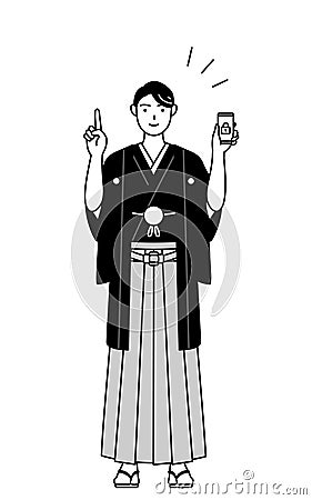 Man wearing Hakama with crest taking security measures for his phone Stock Photo
