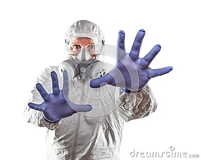 Man Wearing Hazmat Suit Reaching Out With Hands Isolated On White Stock Photo