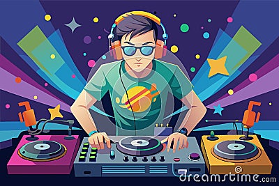 A man wearing headphones is DJing on a pair of turntables, Dj party Customizable Disproportionate Illustration Vector Illustration