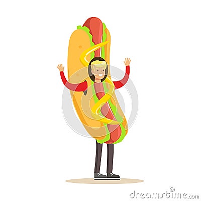 Man wearing hot dog costume, fast food snack character vector Illustration Vector Illustration