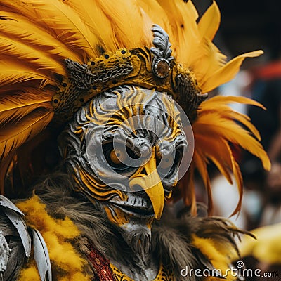 a man wearing a mask with yellow feathers and feathers Stock Photo