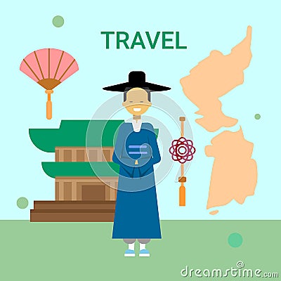 Man Wearing National Korean Dress Over South Korea Map And Temple Or Palace Building Background Vector Illustration