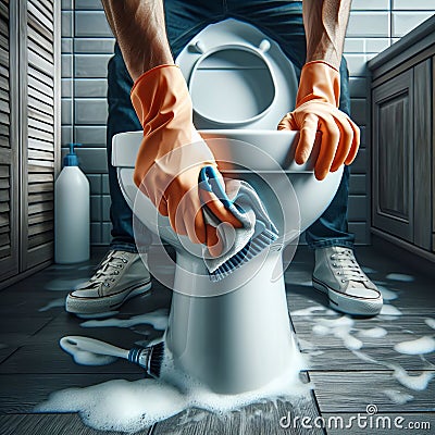 A man wearing orange gloves cleaning a toilet with a brush and cleaning solution. The floor is covered with foam Stock Photo