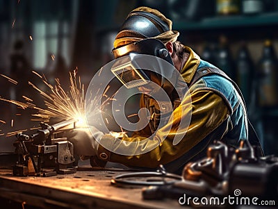 Man wearing protective gear is working on an industrial machine. He appears to be welding or cutting something with Stock Photo