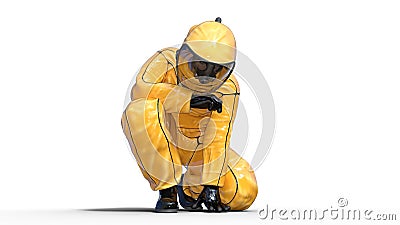 Man wearing protective hazmat suit crouching, human with gas mask dressed in biohazard outfit for chemical and toxic protection Stock Photo