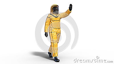 Man wearing protective hazmat suit waving, human with gas mask dressed in biohazard outfit for chemical and toxic protection, 3D Stock Photo