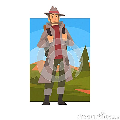 Man Wearing Raincoat Travelling with Backpack, Male Traveller in Summer Mountain Landscape, Outdoor Activity, Travel Vector Illustration