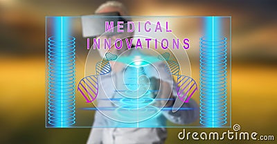 Man wearing a reality virtual headset touching a medical innovation concept on a touch screen Stock Photo