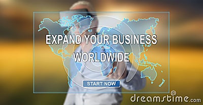 Man wearing a reality virtual headset touching a worldwide business development concept on a touch screen Stock Photo