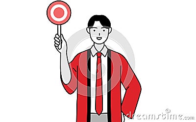 Man wearing a red happi coat holding a maru placard that shows the correct answer Stock Photo