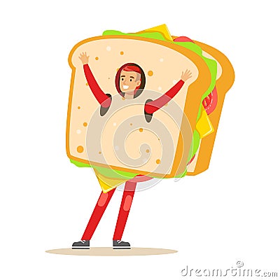 Man wearing sandwich costume, fast food snack character vector Illustration Vector Illustration