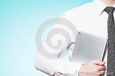 Man wearing shirt and tie with tablet pc Stock Photo