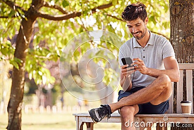 Man Wearing Summer Shorts Sitting On Park Bench Under Tree With Takeaway Coffee Using Mobile Phone Stock Photo