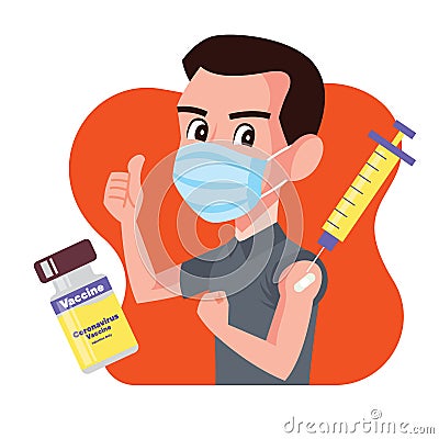 Man wearing surgical mask showing vaccinated arm and thumb up hand sign. Syringe with needle and vaccine bottle floating around. Vector Illustration