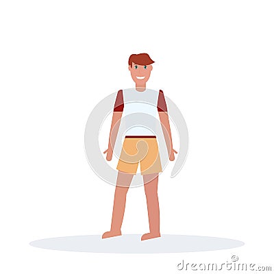 Man wearing t-short and shorts standing pose happy guy summer vacation concept male cartoon character full length flat Vector Illustration