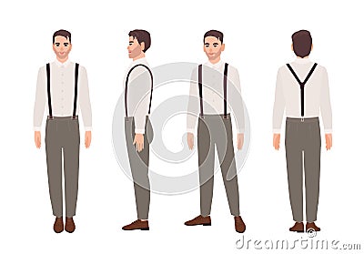Man wearing trousers with suspenders and shirt. Elegant outfit. Stylish male cartoon character isolated on white Vector Illustration