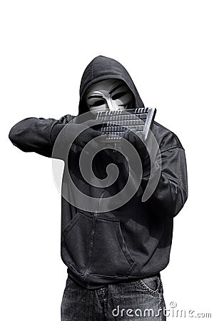 Man wearing vendetta mask holding keyboard want to shoot Editorial Stock Photo