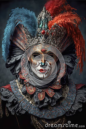 Man Wearing Venetian Style Mask, Costume and Hat at the Venice Carnival Stock Photo