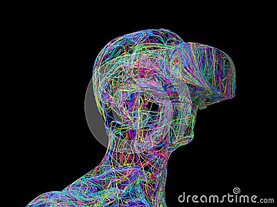 Man Wearing Virtual Reality Glasses Consisting Of Tangled Colored Wires Stock Photo