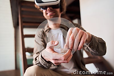 Man wearing virtual reality goggles Stock Photo