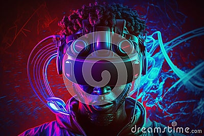 Man wearing a virtual reality helmet, abstract color technology neon background, wallpaper Stock Photo