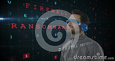 Man wearing VR headset exploring digital security concepts with floating text Stock Photo