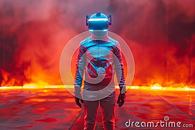 A man wearing a VR helmet stands before an electric blue fire in a CG artwork Stock Photo