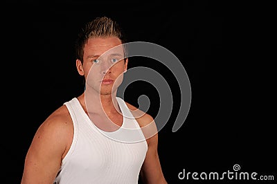 Man wearing white undershirt Stock Photo