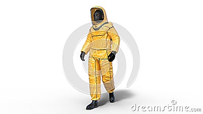 Man wearing yellow protective hazmat suit, human with gas mask dressed in biohazard outfit for chemical and toxic protection, 3D Stock Photo