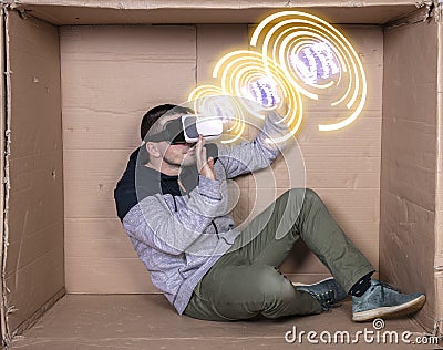 Man wears virtual reality glasses, VR virtual presentation Stock Photo