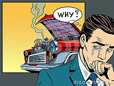 Man weeps car broke down Vector Illustration