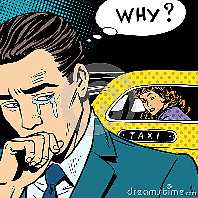 Man weeps his woman is leaving by taxi Stock Photo