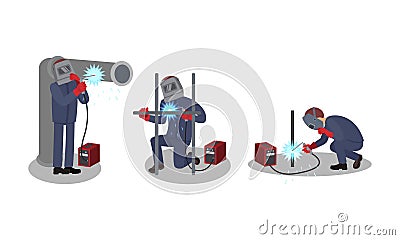 Man Welder in Welding Helmet and Protective Equipment Fusing Materials Together Vector Illustration Set Vector Illustration