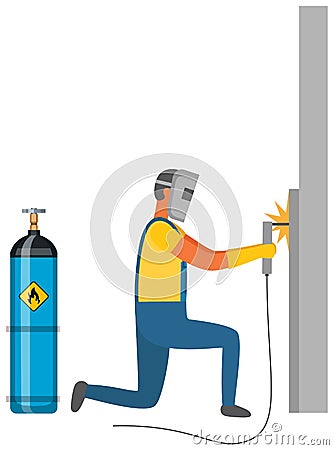 Man welding metal near gas cylinder. Welder works with equipment next to flammable container Stock Photo