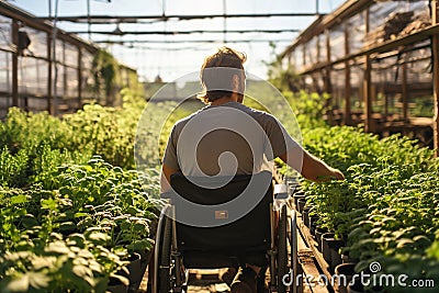 A man in a wheel chair working in a greenhouse. Disabled person grow plants. Back side view Stock Photo