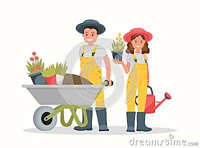 Man with wheelbarrow of earth, a woman holding a flower pot and watering can. Cartoon Illustration