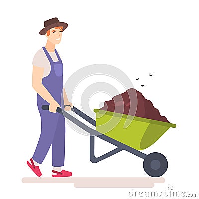 Man with wheelbarrow full of dirt or ground. Vector Illustration