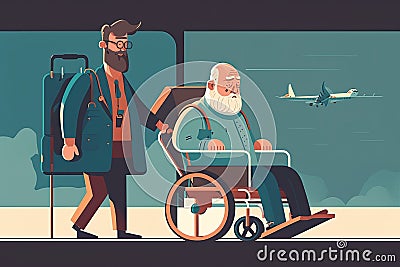 man in wheelchair, being assisted by airport employee with rolling suitcase, boarding flight Stock Photo