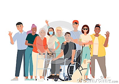 Man in a wheelchair, a blind girl with a guide dog, a girl with psoriasis, a girl in a mask with weakened immunity. Vector Illustration