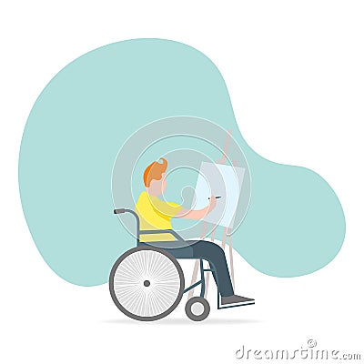 A man in a wheelchair paints on canvas. A symbol of studying in an inclusive school or distance learning. Vector illustration Vector Illustration