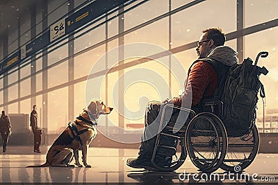 man in wheelchair, watching the bustling airport terminal with his trusty service dog by his side Stock Photo