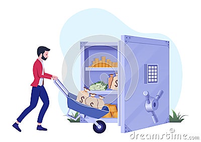 Man wheeling barrow of money bags to an open safe full of cash and gold bars. Wealthy business person bank depositing Vector Illustration